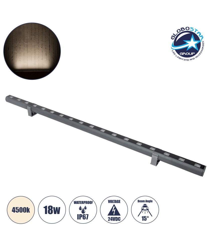 GLOBOSTAR® WASHERPANDA 90580 Μπάρα Φωτισμού Wall Washer LED 18W 2070lm 15° DC 24V Αδιάβροχο IP67 Φυσικό Λευκό 4500K Dimmable - Bridgelux SMD Chip - Γκρι Ανθρακί - Μ100 x Π4 x Υ3.5cm - 3 Χρόνια Εγγύηση